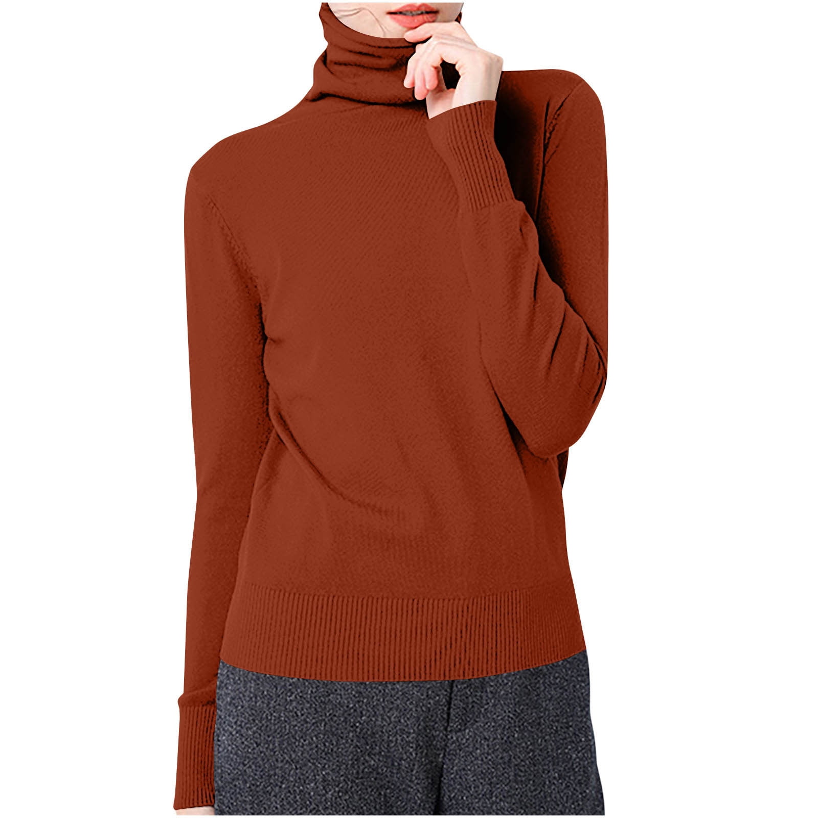 ZQGJB Chandail à Col Roulé Décontracté à Manches Longues pour Femme, Léger, Coupe Ajustée, Basique, en Tricot Torsadé, Chandail, Hauts pour le Printemps, Rouge Foncé, L