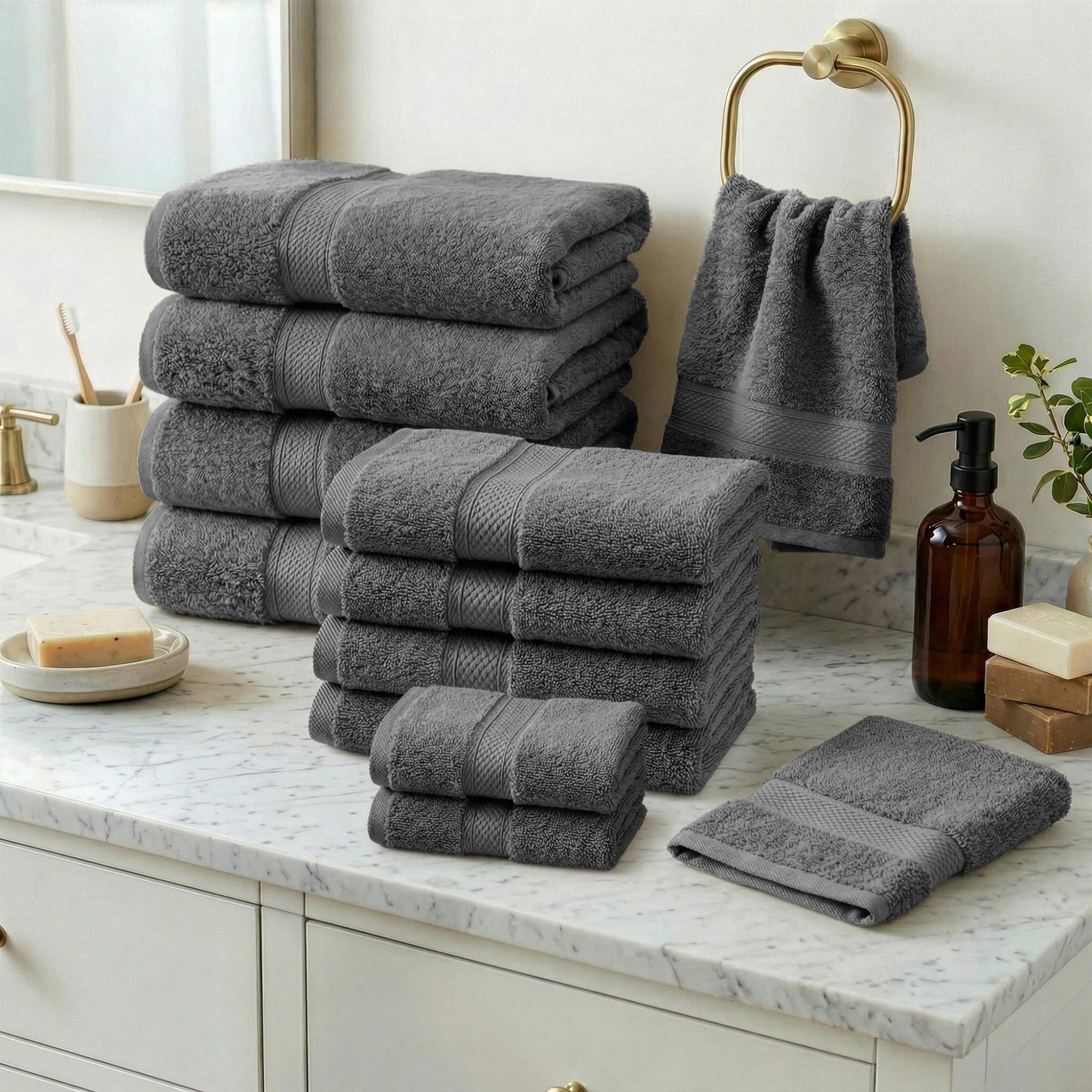 Superior Madeline Egyptian Cotton Ultra-Plush 12-Piece Towel Set, Charcoal