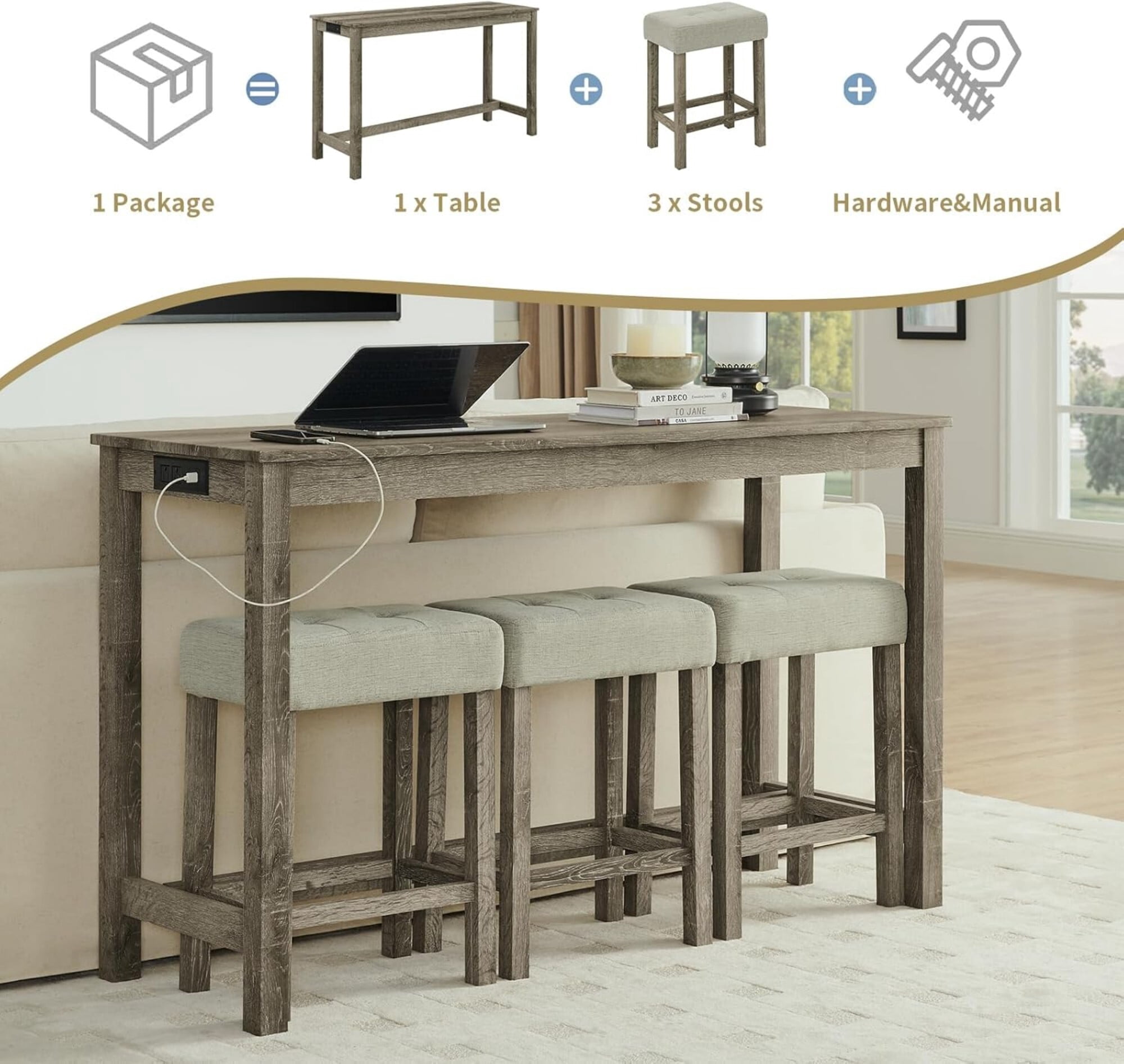 AENKYO 4-Piece Bar Table Set with Charging Station, 59" Counter Height Table and 3 Upholstered Stools for Small Space, Brown