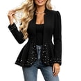 thumbnail image 2 of GaThRRgYP Womens Jean Jacket Cropped Women's Stand Collar Open Front Waist Fitted Peplum Hem Solid Color Pearl Embellished Stylish Long Sleeve Jacket Black L, 2 of 9