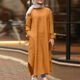 thumbnail image 2 of Fesfesfes Women Linen Robe Round Neck Loose Long Sleeve Dress Solid Color Mid-Calf Long Dress, 2 of 9