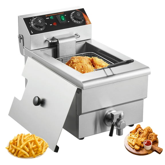 KFFKFF Commercial Electric Deep Fryer, 1500W 11.6Qt / 11L Countertop Fryer with Basket, Stainless Steel Oil Fryer with Adjustable Time & Temperature, Overheat Safety, Ideal for Kitchen and Restaurant