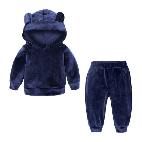 Zwiiyzr Toddler Boys Girls 2 PCS Pleuche Hooded Sweatshirt Baby Clothes Kids Sweater Pants Coat Set Navy