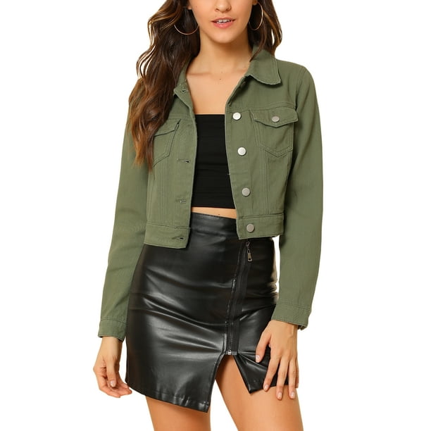 Chaquetas de mezclilla recortadas para mujer INSPIRE CHIC con bolsillo en el pecho, con ribete de cuadros, chaqueta de mezclilla abotonada 3XL verde oliva