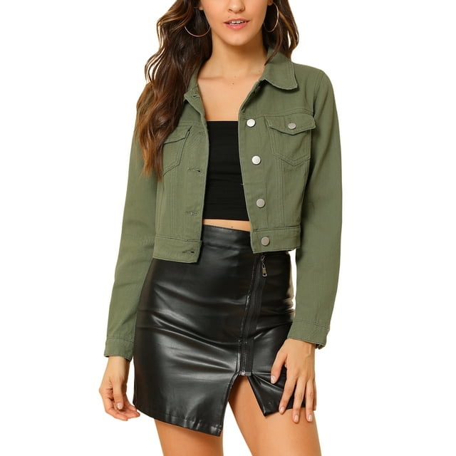 Chaquetas de mezclilla recortadas para mujeres INSPIRE CHIC con bolsillo en el pecho, con ribete a cuadros, chaqueta de mezclilla abotonada 2XL verde oliva