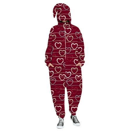 

JDEFEG Bodysuit Long Sleeve Men Men s and Women s Valentine s Day Love Print Hooded Pullover Zipper Pajamas Party Couple Set Romper Pants C S