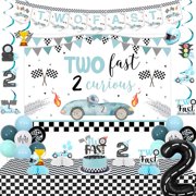 Two Fast Birthday Decoration Blue Backdrop Banner Hanging Swirl Cake Topper Honeycomb Centerpiece Table Cloth Foil Balloon for Race Car 2nd Birthday Decoration Boy