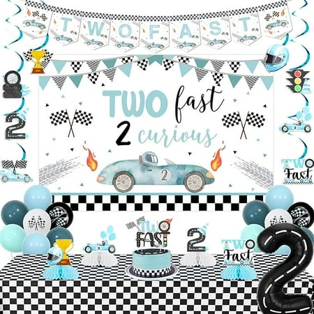 Two Fast Birthday Decoration Blue Backdrop Banner Hanging Swirl Cake Topper Honeycomb Centerpiece Table Cloth Foil Balloon for Race Car 2nd Birthday Decoration Boy