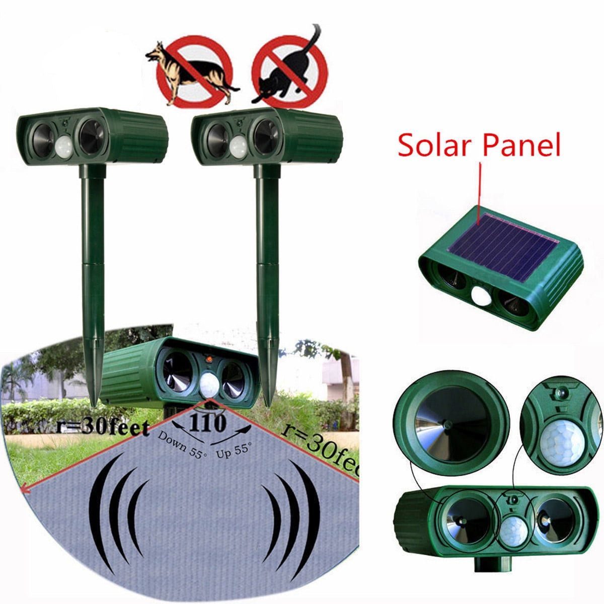 Solar LED Pest Repeller Ultrasonic Cat Dog Animal Defense Garden Infrared Sensor 