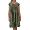 thumbnail image 3 of Milgrthf Robe en Lin pour Fille Robes d'Été Vintage Col Rond Manches Courtes Robes Froncées T-Shirts Robe Tenue Décontractée de Vacances Vert 12 Ans, 3 of 7