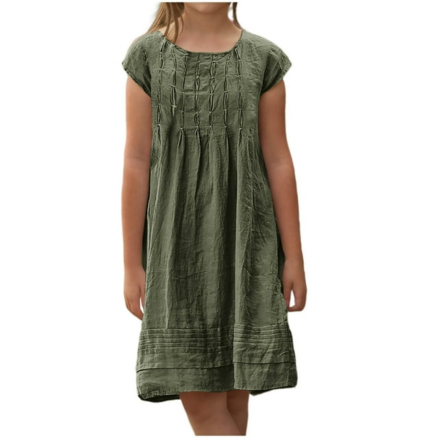 Robe Fille Manches Courtes Couleur Unie Tunique Ligne A Robe Évasée Plissée Robes d'Été Vacances Vert 14-15 Ans
