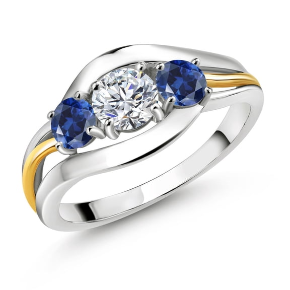 Gem Stone King 925 Sterling Silver and 10K Yellow Gold Round White Lab Grown Diamond and Blue Created Sapphire 3 Stone Ring for Women (1.00 Cttw, Size 7)