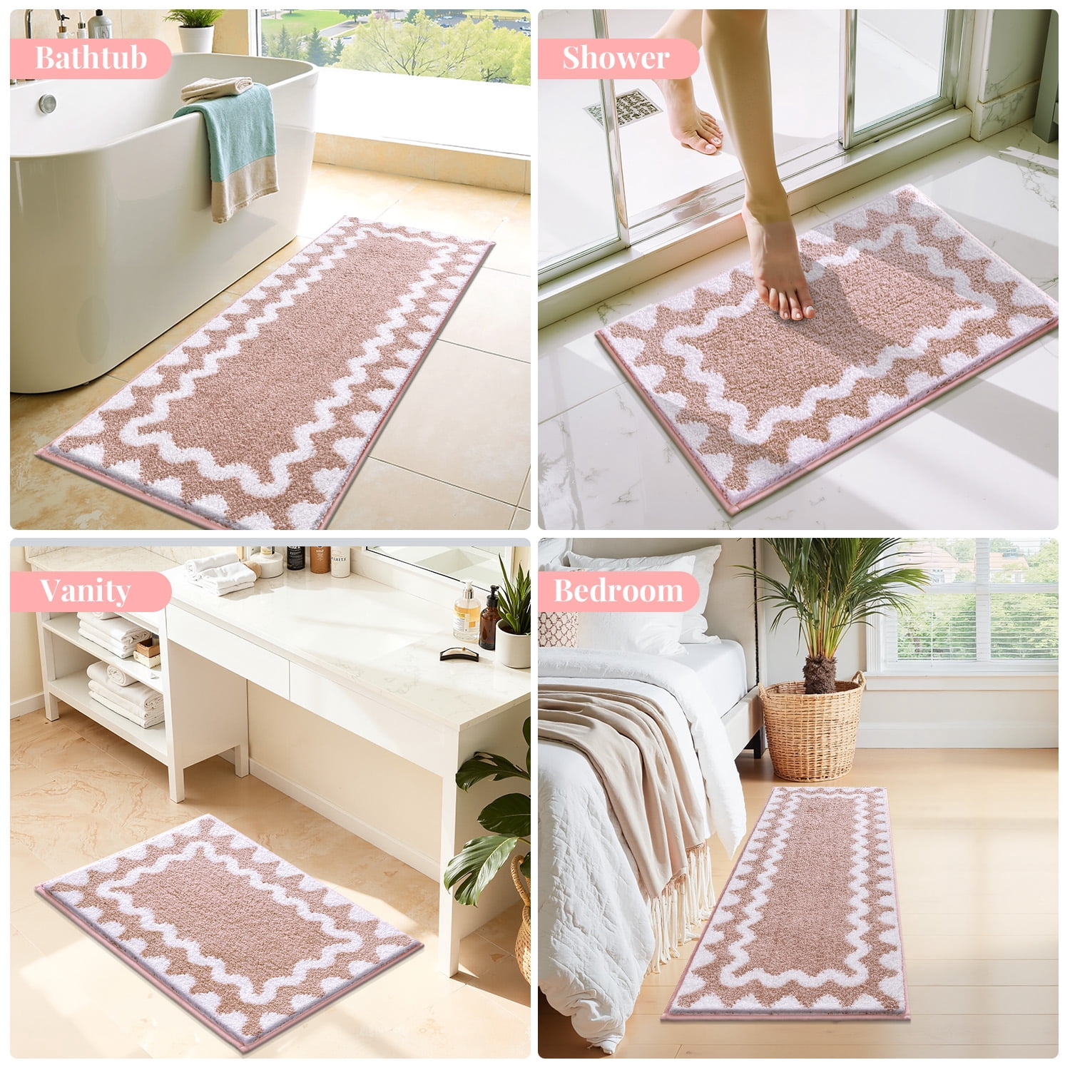 Findosom 4-Piece Bathroom Rugs Set,Non Slip Absorbent Bath Mat,Machine Washable Microfiber Quick Dry Bath Rug for Bathroom Bedroom Kitchen Shower Tub,Pink