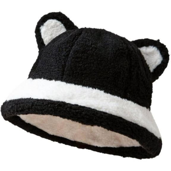 Bear Ears Fuzzy Bucket Hat Cute Winter Faux Fur Bucket Hat Fluffy Plush Bucket Hat Winter Warm Bucket Hat for Women Girls