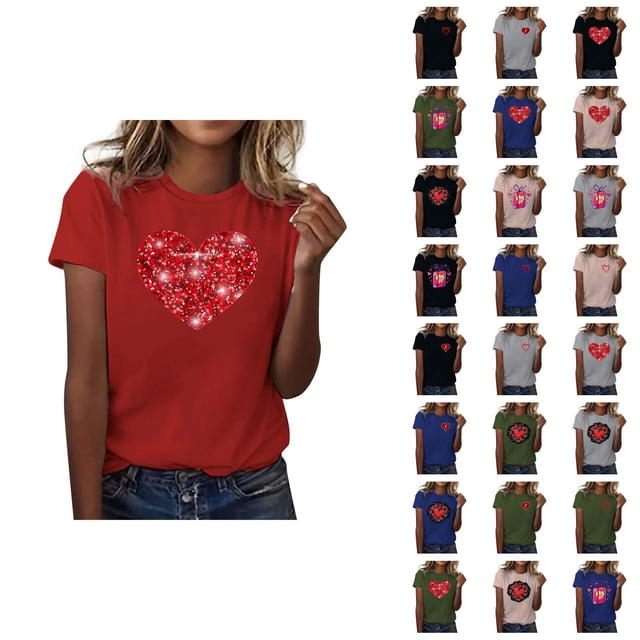 T-shirts pour Femmes de la Saint-Valentin 2026 Mode Manches Courtes Col Rond avec Cœur Graphique