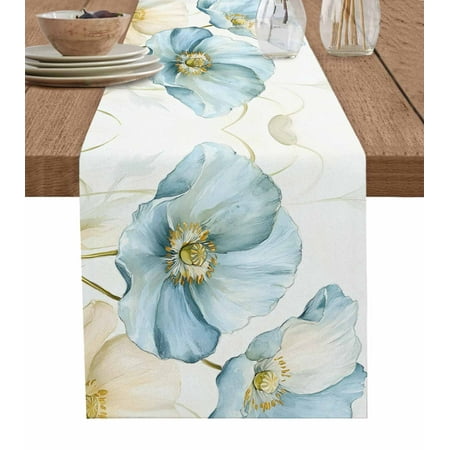 

Table Runner Dresser Scarf 13 x 120 Inch Spring Plants White Blue Poppy Watercolor Flowers Leaves Table Runners Non-Slip Heat Kitchen Dining Table Decor for Indoor Outdoor Home Party Decoration