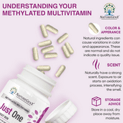 Just One Daily Methylated Multivitamin for Men & Women–60 Caps Adults MTHFR Support, Iron-Free, Natural, USA Made