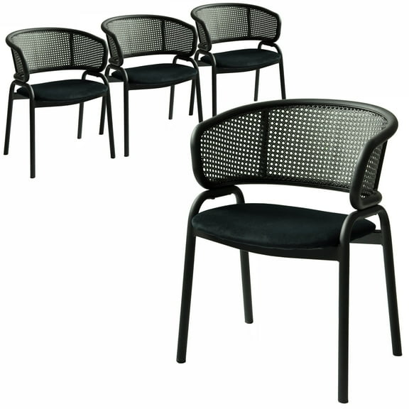 LeisureMod Modern Dining Chair Upholstered Accent Side Chair with Cozy Armchair and Iron Legs for Dining Room or Kitchen Ervilla Series Set of 4 in Black