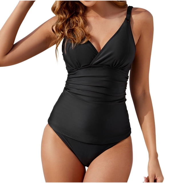 Conjunto de Bikini de Cintura Alta para las Mujeres Color Sólido V-Cuello Colgantes, Traje de Baño de Moda sin Espalda Sexy