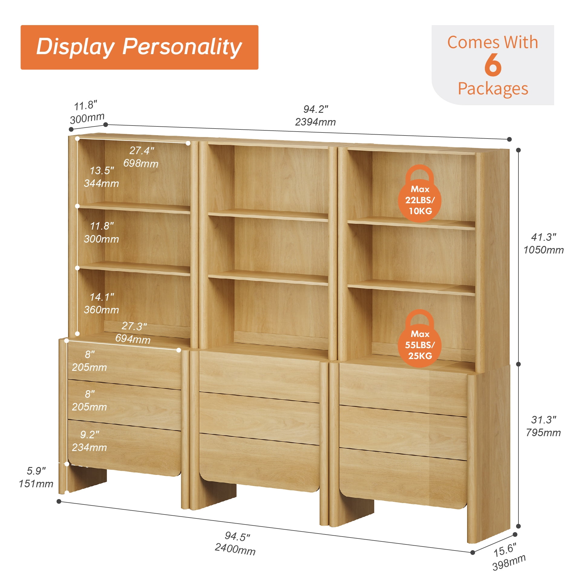 94.5-Inch Modern French Bookcase with Curved Edges, 9 Drawers and Open Shelving, 72.8" Tall, Oak