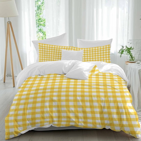 3 Piece Yellow Duvet Cover Set Twin Size,Microfiber Comforter/Quilt Cover with Corner Ties and 2 Pillowcases,Country French Rustic Buffalo Plaid Modern Art All Season Soft Bedding with Zipper Closure
