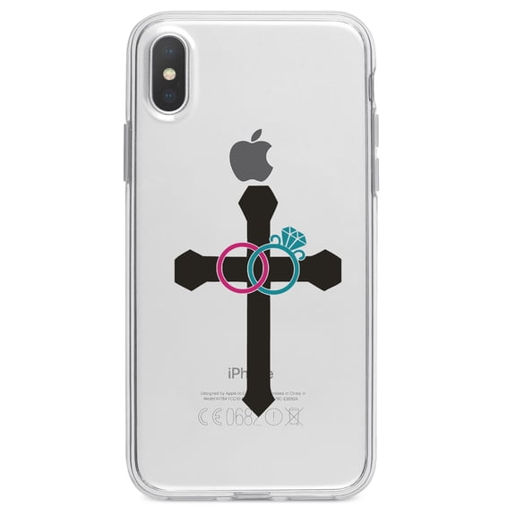 DistinctInk Clear Shockproof Hybrid Case for iPhone XR (6.1" Screen) - TPU Bumper Acrylic Back Tempered Glass Screen Protector - Wedding Rings Cross Jesus