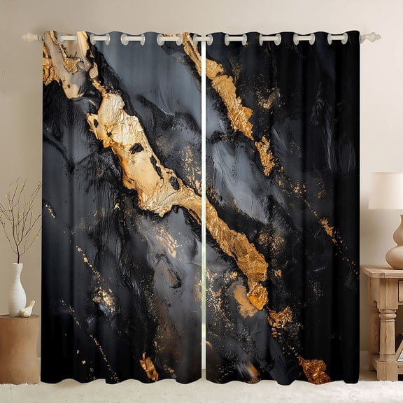 Manfei Aesthetic Marble Kitchen Curtains, Foil Black Out Curtains Pack of 2 (42x63 Each), Black and Gold