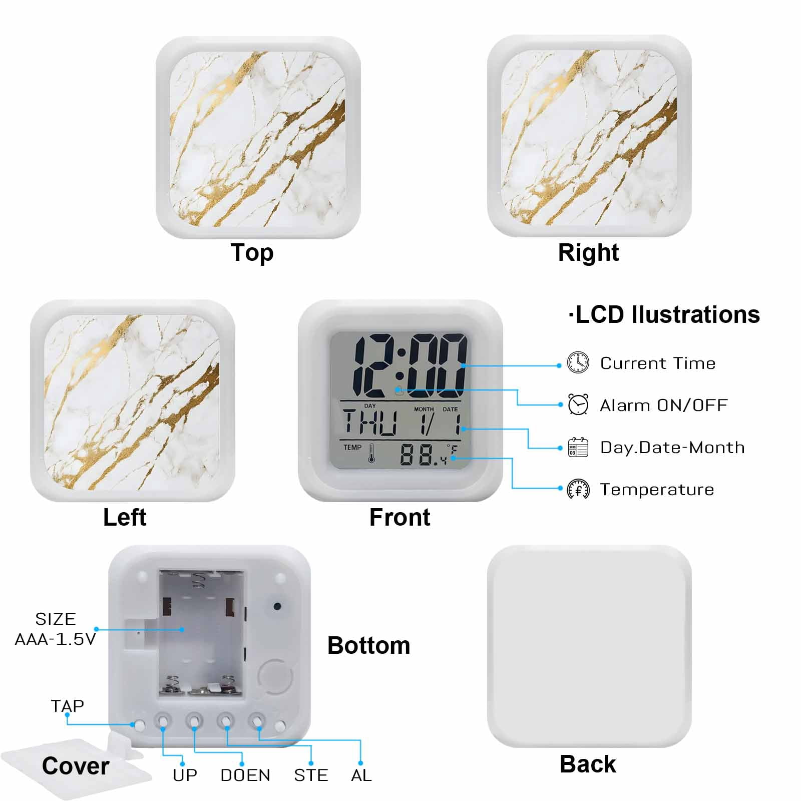 White Gold Modern Digital Alarm Clock for Bedrooms, Smart LED Alarm Clock with 7 Color Changing Night Light, Abstract Vintage Marble Geometric Silent Wake Up Clocks for Sleep Study Cooking 3.2"x3.2"