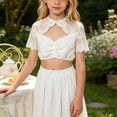 thumbnail image 4 of THDHVS Girls Shirts,Lace Flower Hollow Out Ruffle Trim Short Sleeve Crop Top Oktoberfest Wear for Girls,Girls Tops White 7-8 Years, 4 of 9