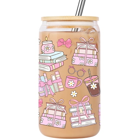 Coquette Book Themed Glass Cup w/Lid & Straw, Bookish Girly Iced Coffee Tumbler 16 oz, Cute Mothers Day, Birthday, Trendy Reading Gifts for Book Lovers Women, Teen Girls, Readers, Bookworm