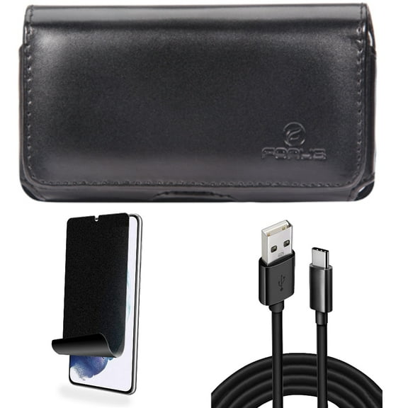 For Samsung Galaxy S21 (6.2") - Charger Cord Type-C 10ft USB Cable   Swivel Leather Case Belt Clip   [Fingerprint Works] TPU Film Privacy Screen Protector