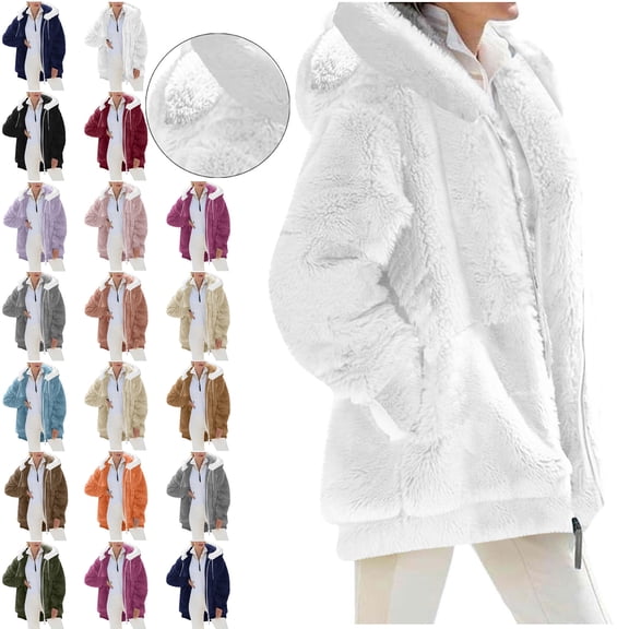 Womens Jacket Oversized Fleece Jackets Fuzzy Zip Up Hoodie | Plus Size Lined Jackets, Zipper Fluffy Sweater Coat, Warm Outwear, Soft Hooded sweatshirts with Pockets