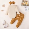 thumbnail image 3 of Coming Home Outfit Girl Newborn Fall 3 Piece Cotton Knit Clothing Set Ruffle Sleeve Ribbed Romper Printed Pants with Headband, Khaki, 9 Months, 3 of 7