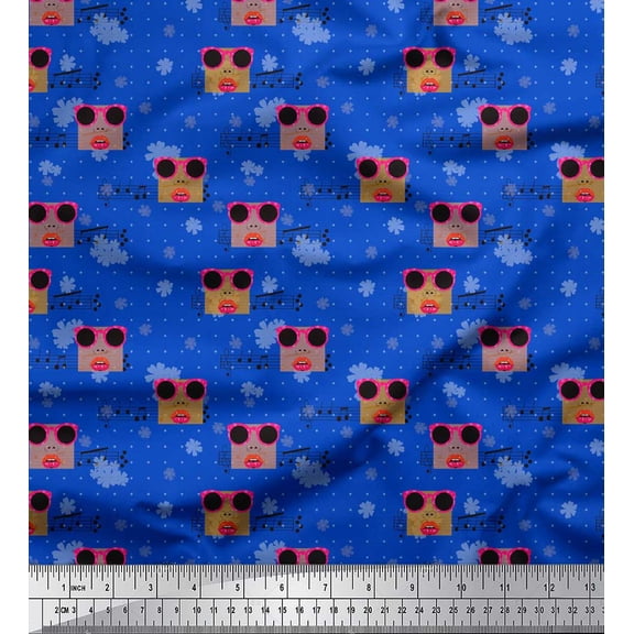 Soimoi Blue Cotton Voile Fabric Musical Notes,Dot & Goggles Fashion Print Fabric by Yard 42 Inch Wide