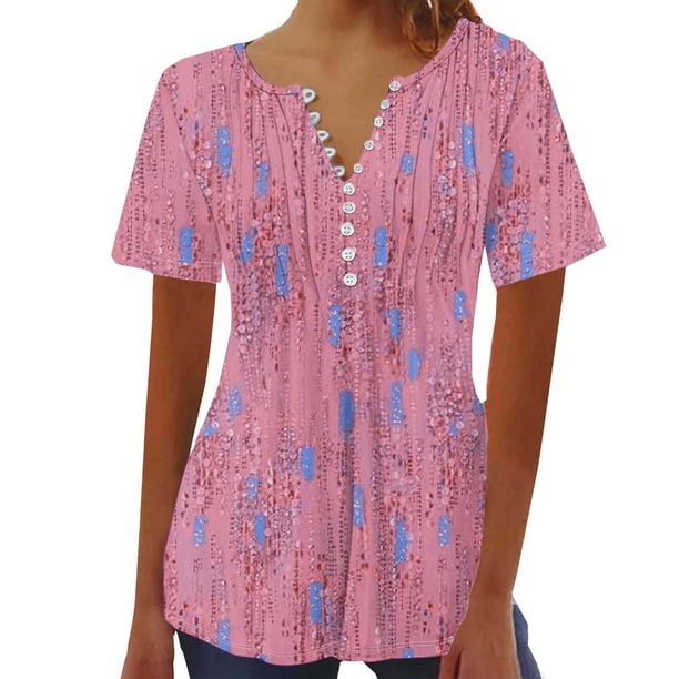 Tops de Algodón para las Mujeres Impreso en V-Cuello Botón Arriba Manga Corta Superior, Imitación Algodón Casual Blusa