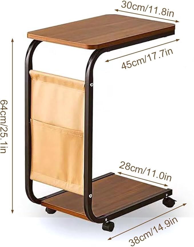 Howcool C-Shaped End Table with Wheels, 25.1" Mobile Sofa Side Table Slide Under Couch, Double Layer Storage & Side Pocket, Space Saving Brown for Living Room Bedroom, 2-Pack