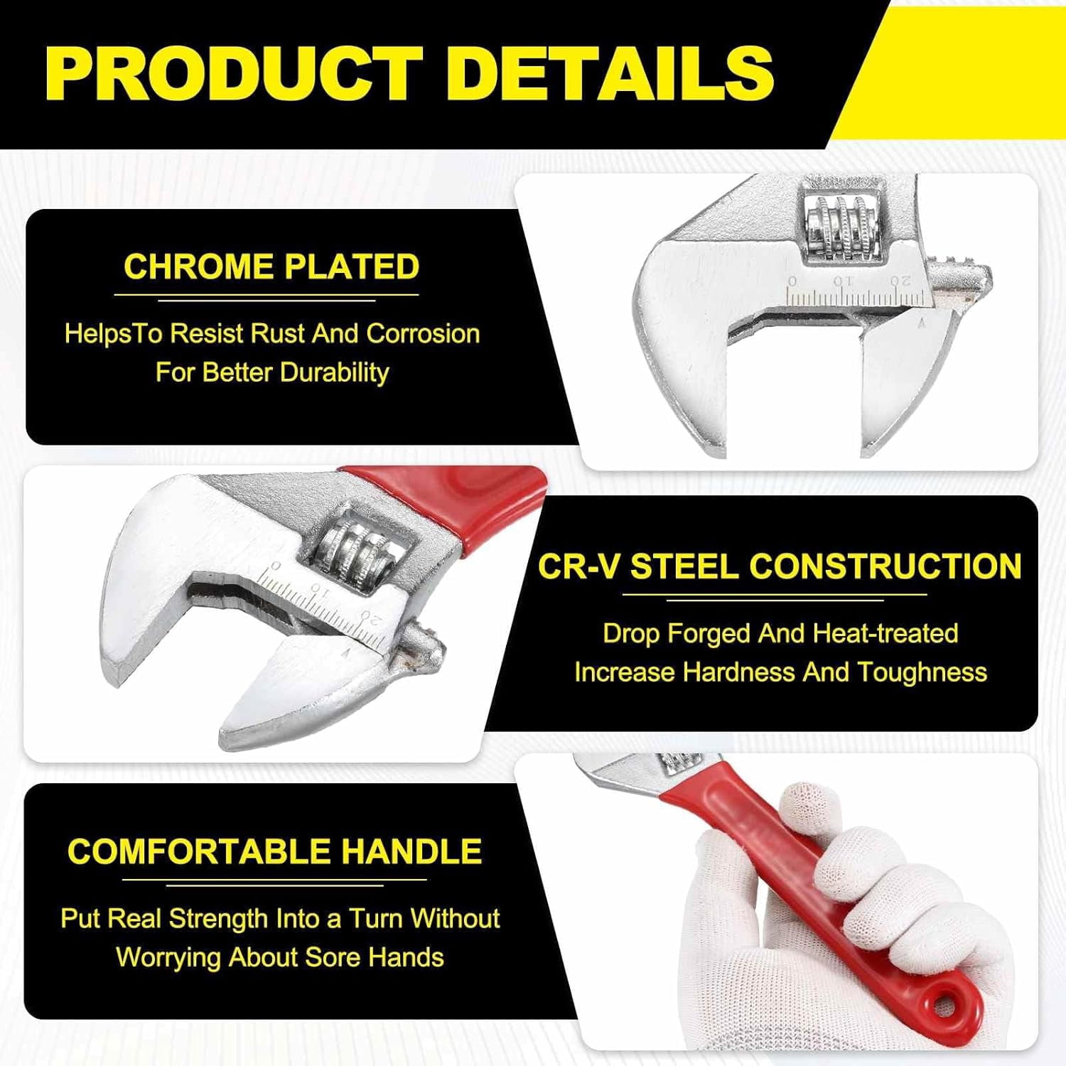 MKEUDQ-Adjustable Wrench 8" High Carbon Steel Industrial Wide Jaw Wrench Adjustable Repairs Spanner Tool with Graduated Scale for Home Garage Workshop Plumbing, Red