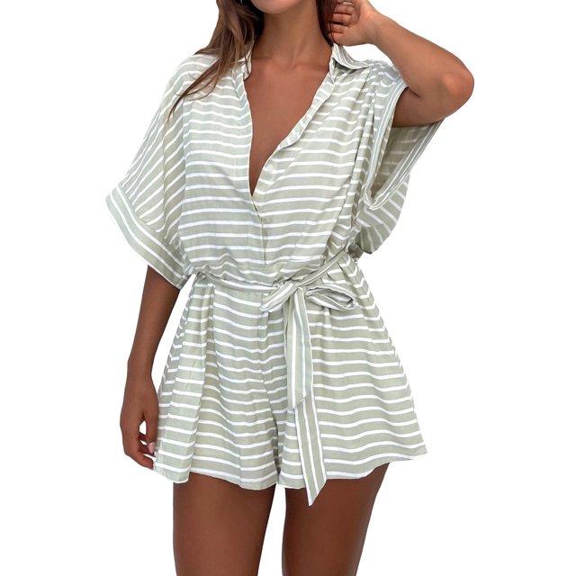 Mialoley Femmes Été Short Combinaison Coeur/arbre/point Imprimé Manches Revers Bouton Dwon en Vrac Rompers