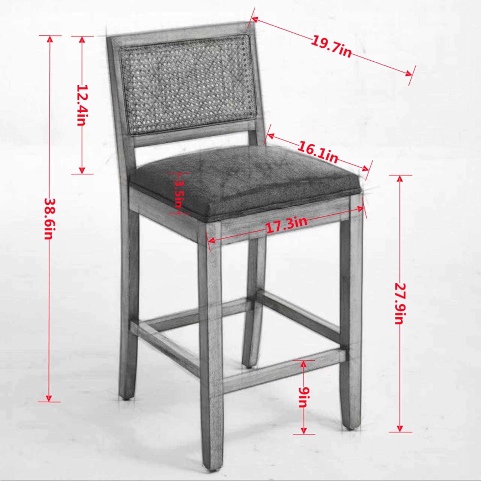 PORKISS 28" Bar Stools Set of 2, Mid Century Modern Counter Height Bar Stools with Rattan Back, Solid Wood Kitchen Island Chairs for Breakfast Bar Bistro, Gray