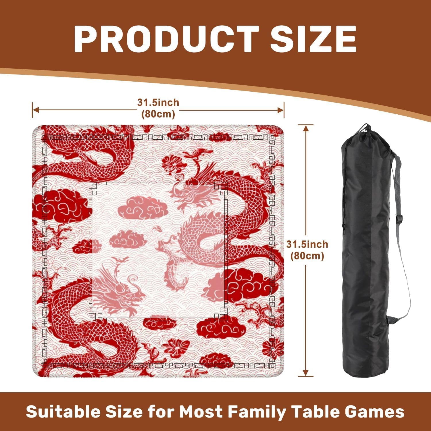 Mahjong Mat 31.5" x 31.5" Red Chinese Dragon Clouds Waves Non-Slip Noise Reduction Mahjong Tiles Table Cover for Dominoes Poker Card Board and Tile Games