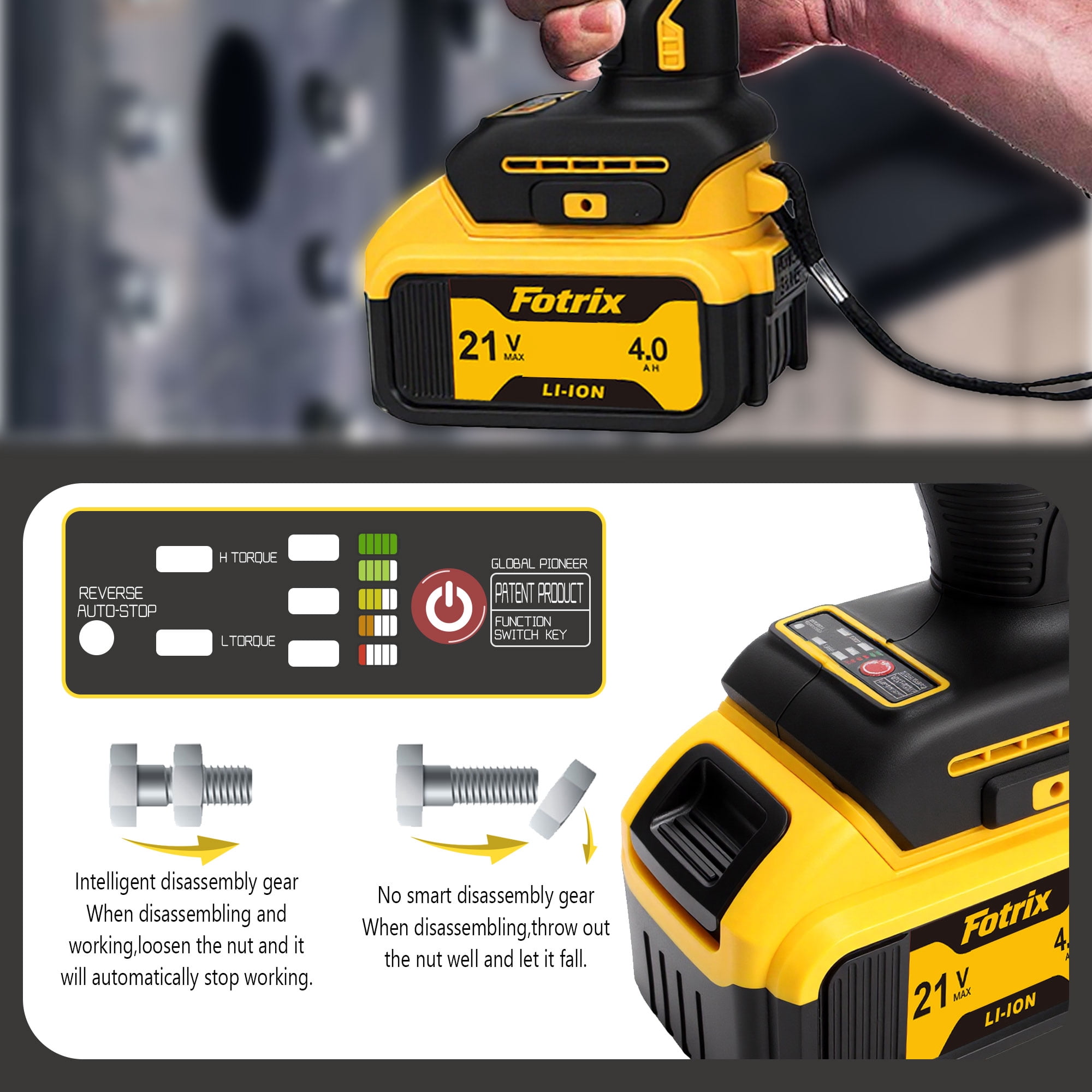 Fotrix 21V Brushless 1/2" Impact Wrench Kit, 3-in-1 Heavy Duty Drill & Driver, 4.0Ah Battery, Suitable For Home Repair, Cordless Impact Gun for Auto Repair, DIY Enthusiasts And Men