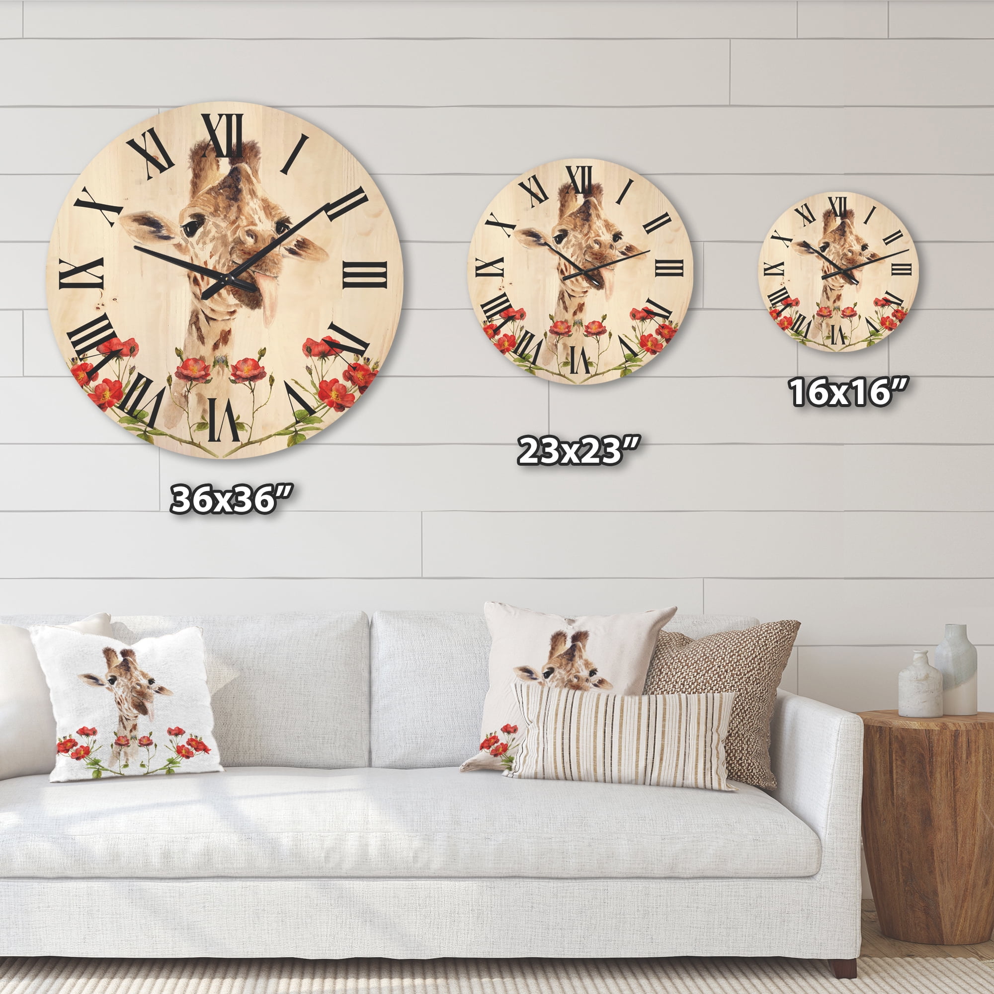 Designart 'Portrait of A Giraffe With Red Flowers I' Farmhouse Wood Wall Clock