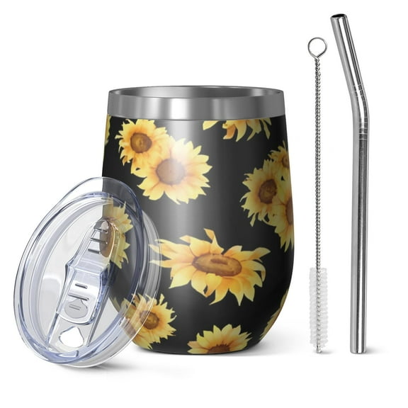 12oz Stemless Wine Tumblers Black Yellow Sunflower Pattern Vacuum Insulated Stainless Steel Travel Tumbler Cups Mug with Lid and Straw for Champaign,Cocktail,Beer with Cleaning Brush