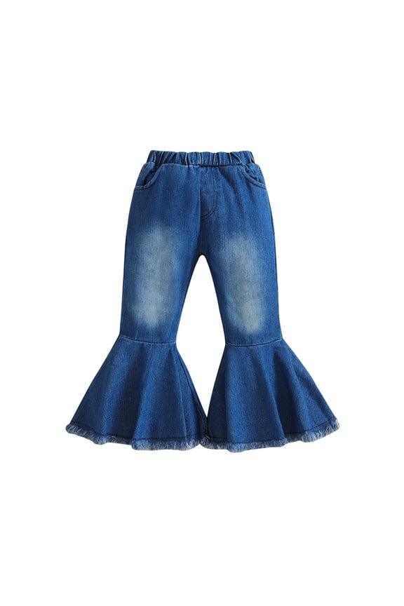 Girls Washed Denim Flare Pants, Elastic High Waist Hem Bottom Jeans, All Season Kids Casual Bottoms Blue 5-6 Years