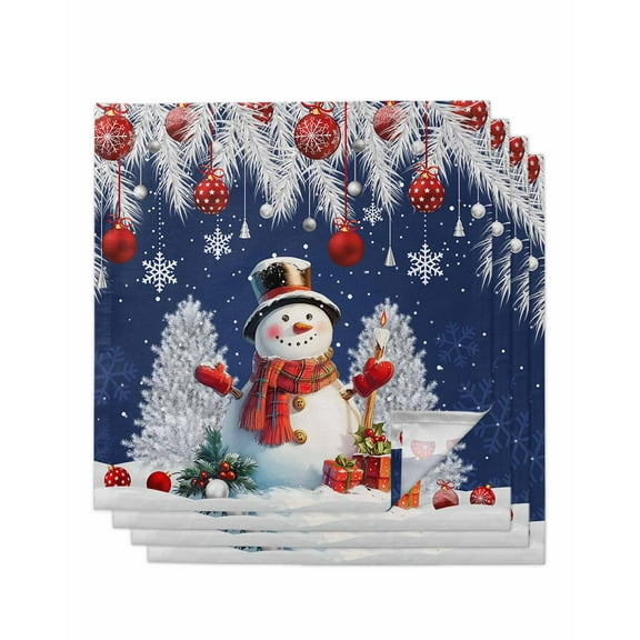 Navy Blue Christmas Snowman Cloth Napkins Set of 4, Xmas Pine Tree Snowflake Funny Washable Reusable Dinner Cocktail Napkin for Kitchen Party Wedding Banquet Holiday Baby Shower Table Decor