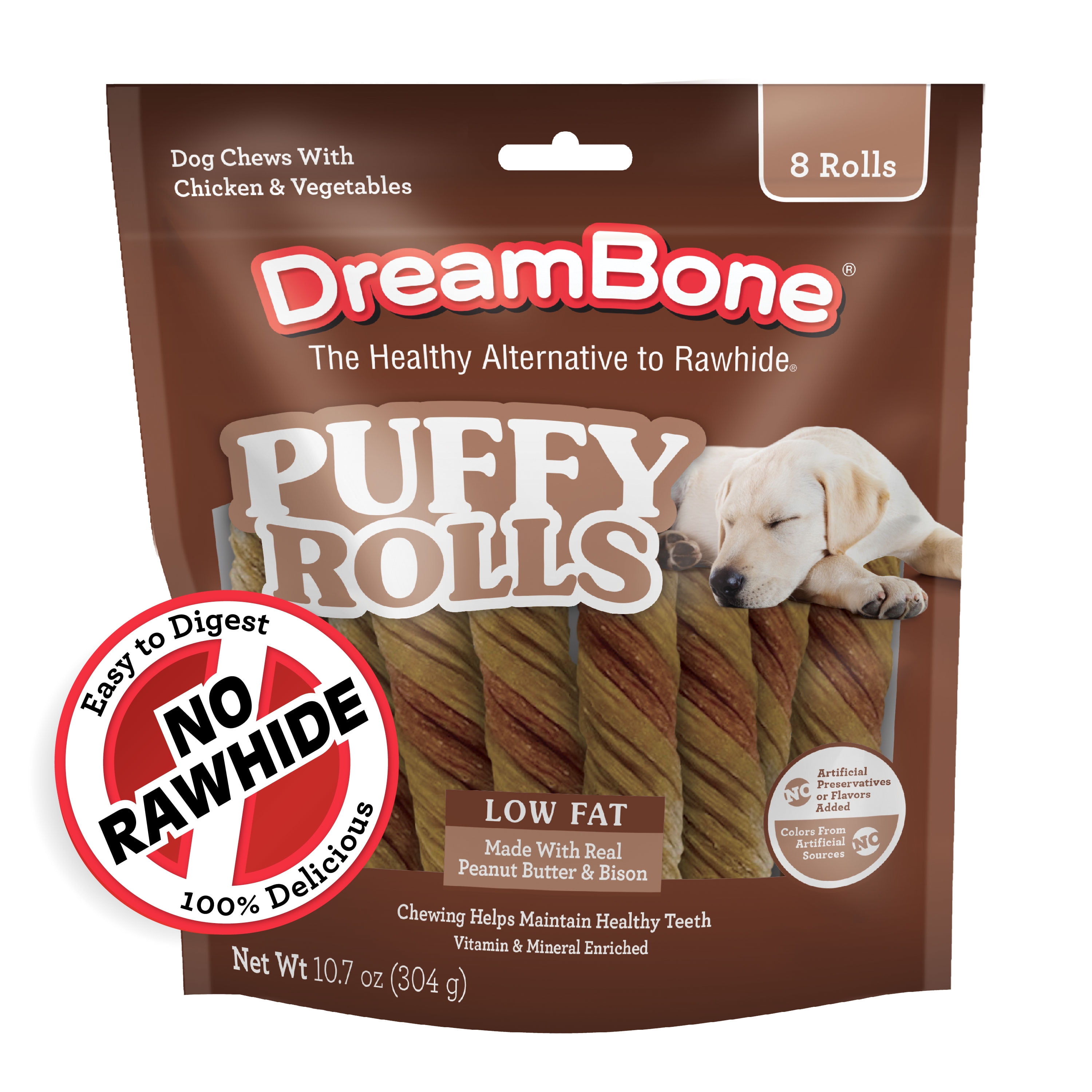 (2 pack) DreamBone Puffy Rolls Chews for Dogs, Treat Your Dog to Easy-to-Digest Rawhide-Free Chews Made with Real Peanut Butter and Bison, 8 Count