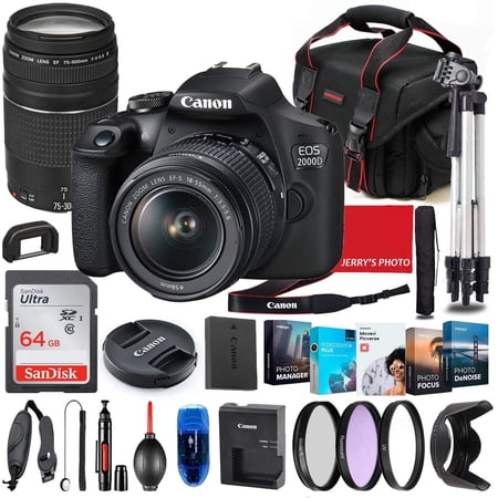 Canon EOS 2000D (Rebel T7) DSLR Camera with 18-55mm & 75-300mm Lens Bundle + Premium Accessory Bundle Including 64GB Memory  Filters  Photo/Video Software Package  Shoulder Bag & More