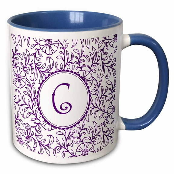 3drose, Letter C in Circle Over Swirly Floral Pattern in Purple and White, 11oz Two-tone Blue Mug