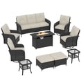 thumbnail image 4 of Clouddwell 10 Pieces Outdoor Patio Furniture Set, Rocking Rattan Wicker Sectional Swivel Rocker Chairs Sets with Fire Pit, Off White/Black, 4 of 9