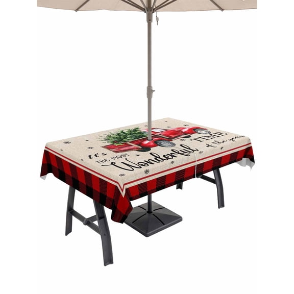 Outdoor Tablecloth with Umbrella Hole and Zipper, Christmas Red Truck Rectangle Table Cloth 60x120 Inch Waterproof Tablecloth, Buffalo Plaid Xmas Tree Snowflakes Picnic Table Cover for Patio Camping